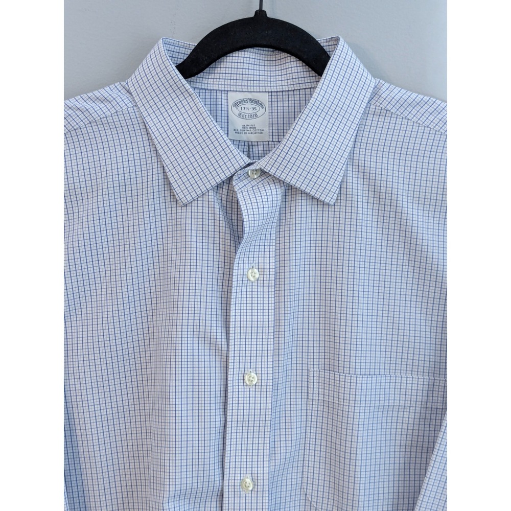 Brooks Brothers 17.5-35 White/Blue Checked Long Sleeve Slim Fit Supima Cotton